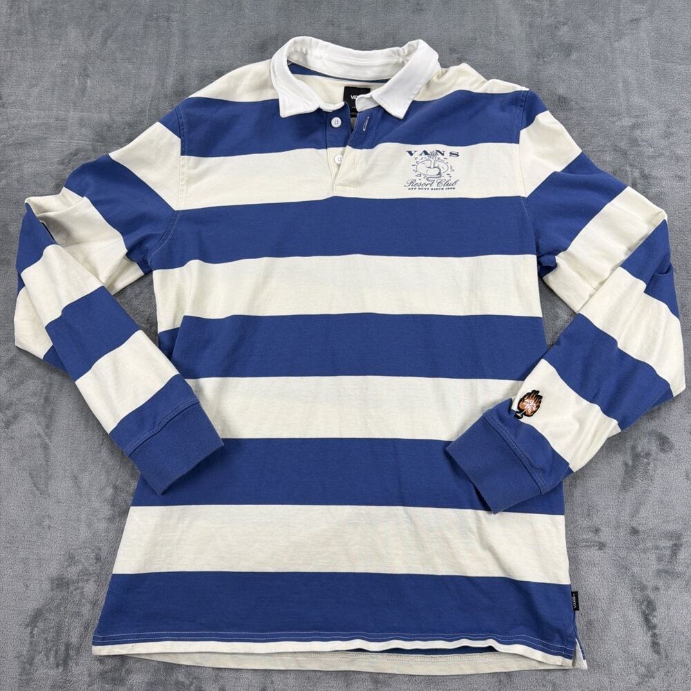 Vans Rugby Shirt Mens Large Blue White Striped Long Sleeve Polo Resort Club